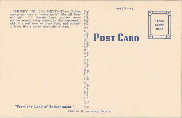 Navajo Boys Eating Peppermint Stick Vintage Native American Postcard (unposted)