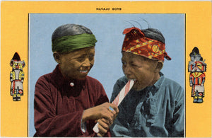 Navajo Boys Eating Peppermint Stick Vintage Native American Postcard (unposted) - Vintage Postcard Boutique