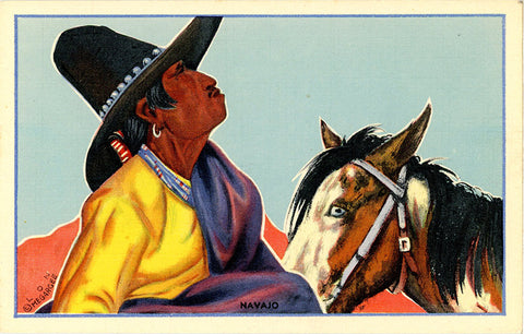 Navajo Indian Portrait signed Artist Lon Megargee - Native American Vintage Postcard (unused)