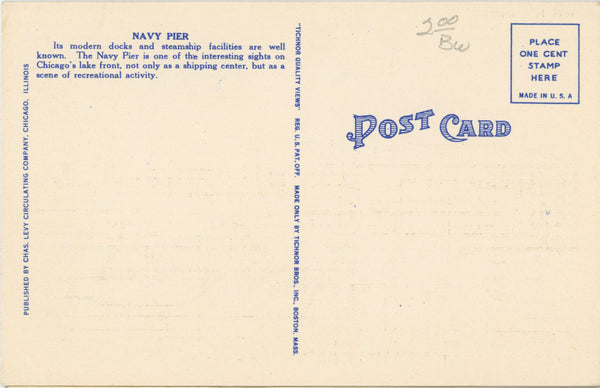Navy Pier Lake Michigan Chicago Illinois Vintage Postcard (unused)