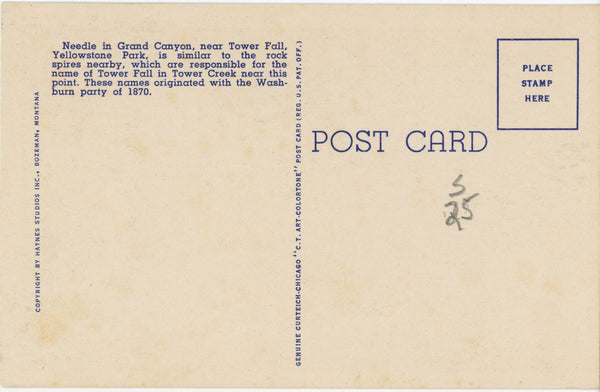 Needle in Grand Canyon Yellowstone National Park Wyoming Vintage Postcard (unposted)