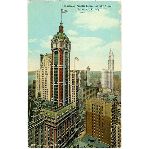 New York City Skyscrapers Broadway North from Liberty Street Vintage Postcard 1910s (unused)