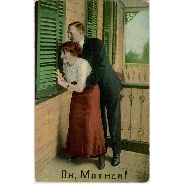 Oh, Mother! Couple Spying Romantic Vintage Postcard c. 1910 (unused)