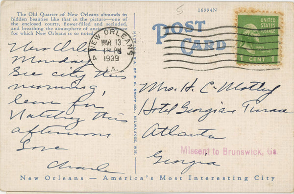 French Quarter Old Courtyard New Orleans Louisiana Vintage Postcard 1939