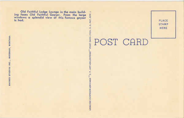 Old Faithful Lodge Lounge Yellowstone National Park Wyoming Vintage Postcard (unposted)