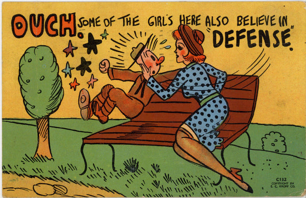 Ouch! Woman Slaps Soldier in "Defense" Comic Vintage Postcard 1943