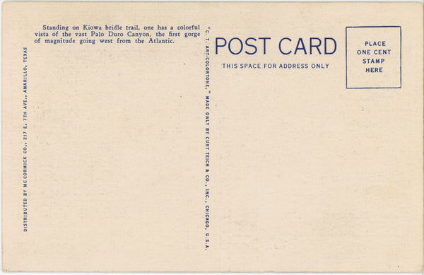 Palo Duro Park View From Triassic Mesa Texas Panhandle Vintage Postcard 1934 (unposted)