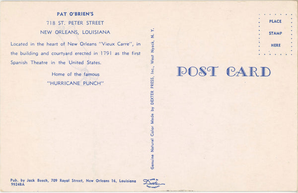 New Orleans Louisiana Pat O'Brien's Courtyard Vintage Postcard 1960s (unposted)