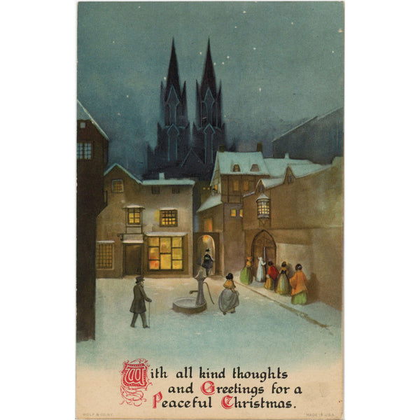 Vintage Christmas Postcard by Wolf & Co. Snowy Street Scene c1910s