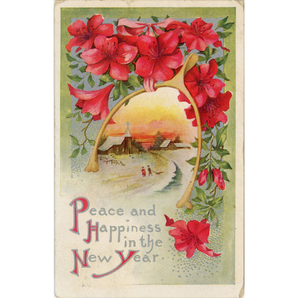 New Year Wishbone Flowers Peace Happiness Vintage Postcard 1909