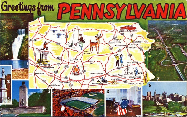 Pennsylvania State Map Vintage Chrome Postcard (unused)