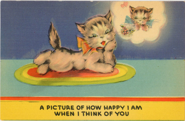 When I Think of You Vintage Comic Cat Kitten Postcard c1940s (unused) - Vintage Postcard Boutique