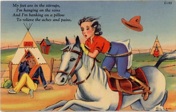 Cowgirl Riding Horse w/ Pillow Strapped to Backside Vintage Comic Postcard 1943