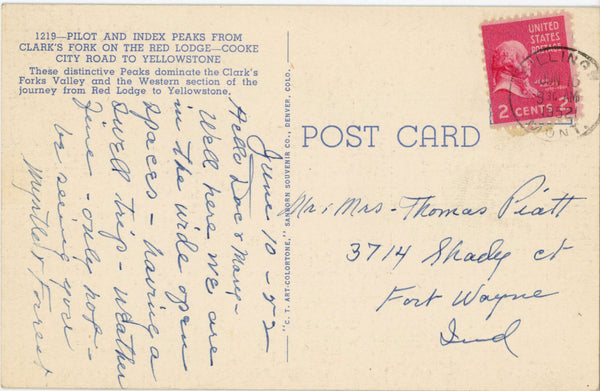 Pilot & Index Peaks Yellowstone National Park Wyoming Vintage Postcard 1952