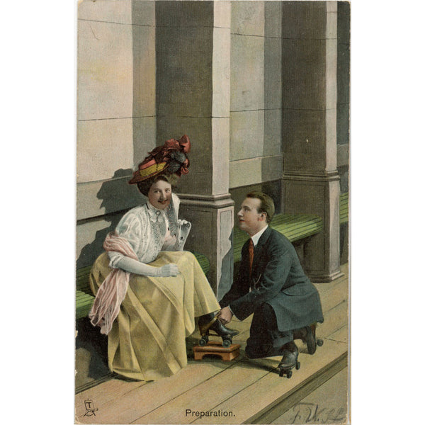 Preparation Man Kneeling Roller Skates Romantic Couple Vintage Tucks Postcard 1908