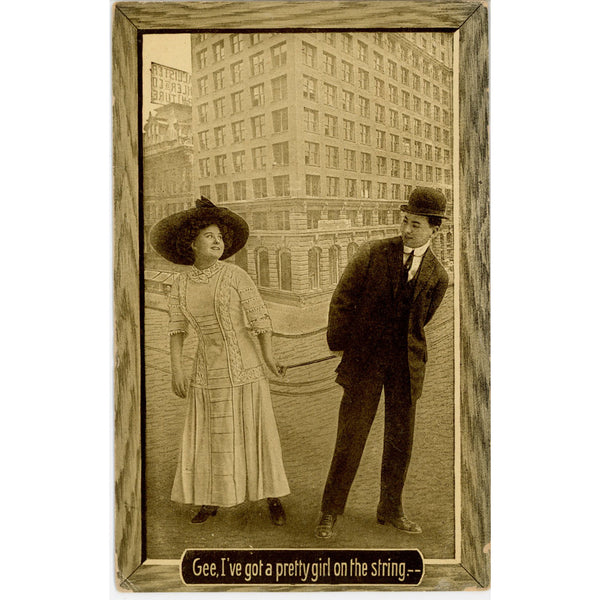 Gee I've Got Pretty Girl on String Romantic Couple Vintage Postcard Theochrom c 1910s