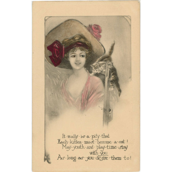 Pretty Lady in Hat & Kittens Vintage Postcard c1910 (unused)