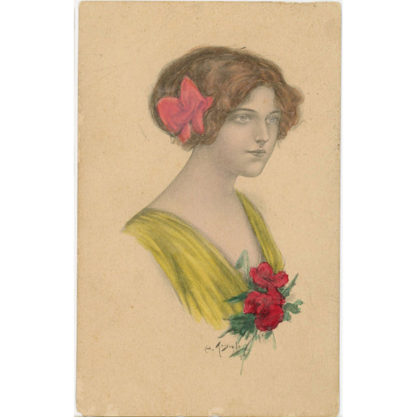 Pretty Lady with Roses Art Nouveau signed E. Paya Vintage Postcard 1916