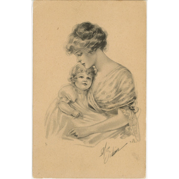 Pretty Lady & Child Gibson Girl Style signed M. Sidoni Vintage Postcard 1914