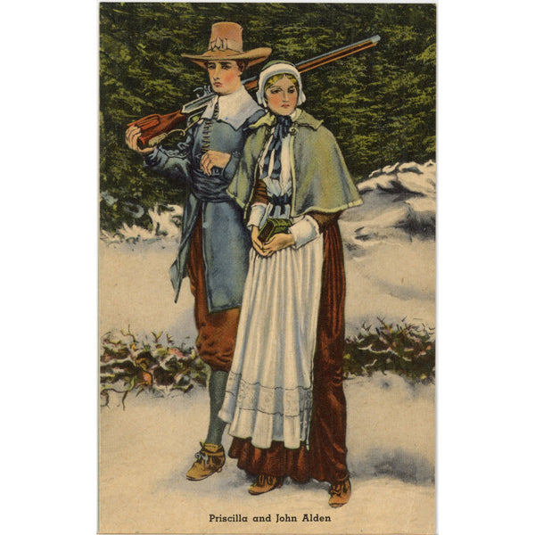 Mayflower Pilgrims Priscilla & John Alden Thanksgiving Vintage Postcard c 1930s (unposted)