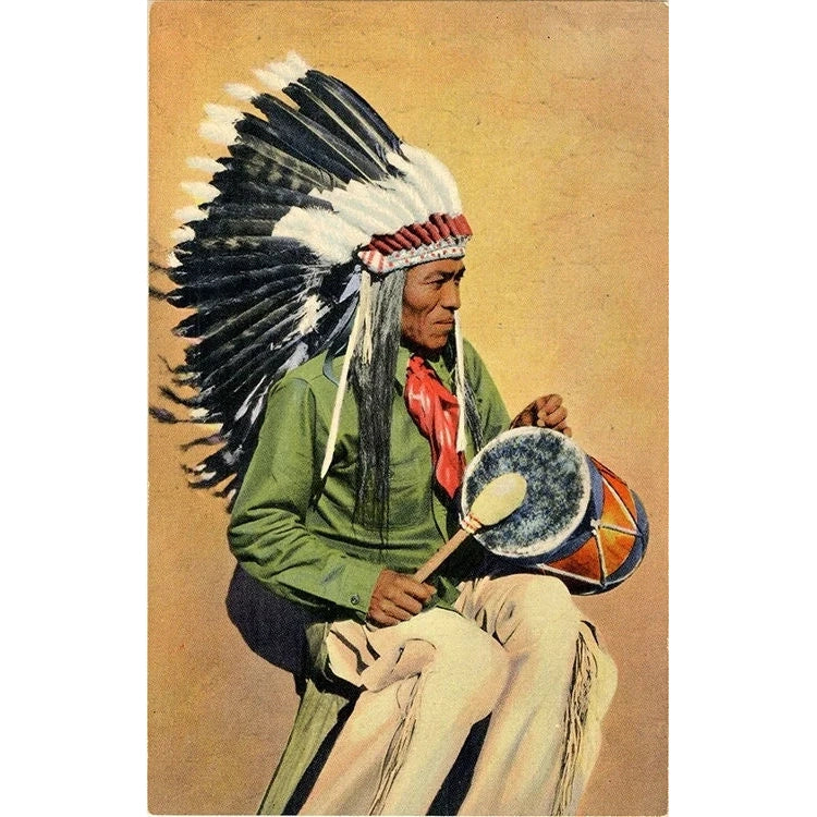 Pueblo Indian Drummer Tom-Tom Native American Vintage Postcard (unused)