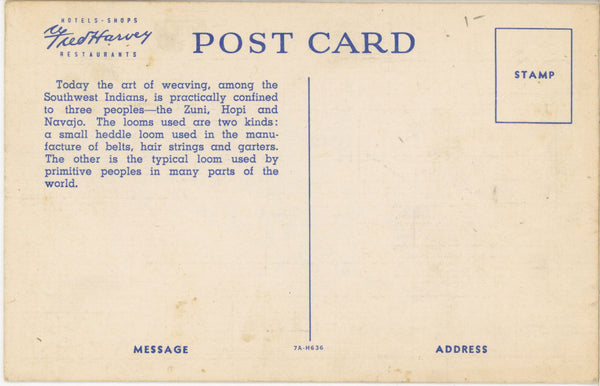 Pueblo Girl Weaving Sash Native American FRED HARVEY Vintage Postcard (unposted)