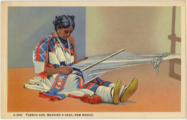 Pueblo Girl Weaving Sash Native American FRED HARVEY Vintage Postcard (unposted)