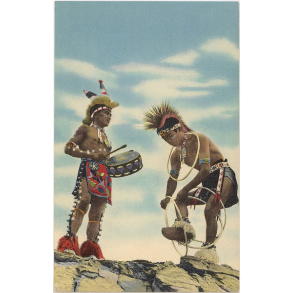 Pueblo Indian Drummer & Dancer Hoop Dance Native American Vintage Postcard (unposted)
