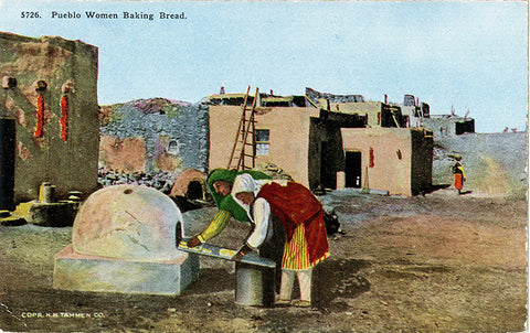 Pueblo Indian Woman Baking Bread in Adobe Oven Native American Vintage Postcard (unused)