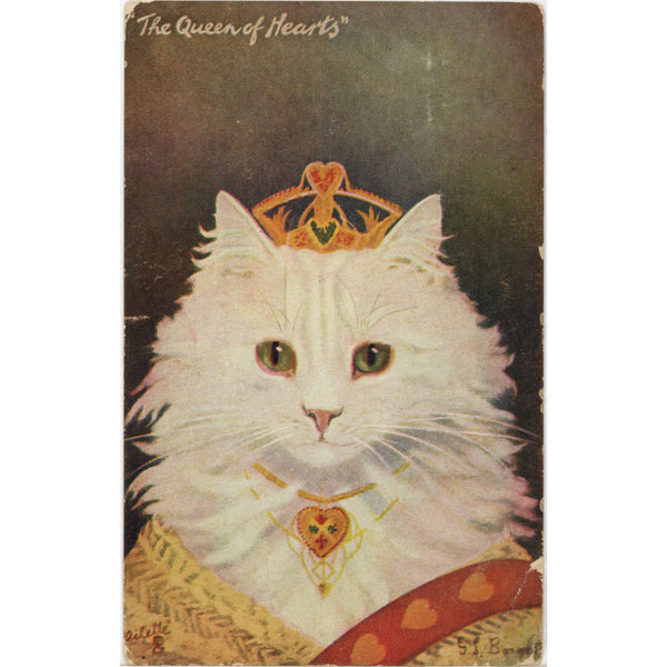 Queen of Hearts Dressed White Cat Vintage Postcard signed Barnes 1908