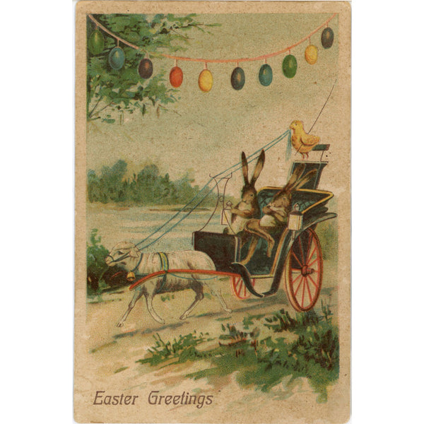 Anthropomorphic Easter Rabbits in Carriage Vintage Postcard 1908 - Vintage Postcard Boutique