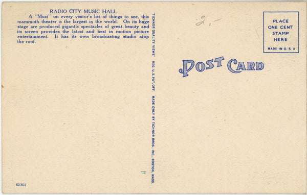Radio City Music Hall Theatre Rockefeller New York City Vintage Postcard (unused)