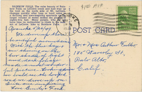 Rainbow Falls Smoky Mountains National Park Vintage Postcard 1949