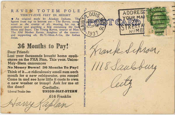 Raven Totem Pole Forest Park St. Louis Missouri Vintage Advertising Postcard 1937