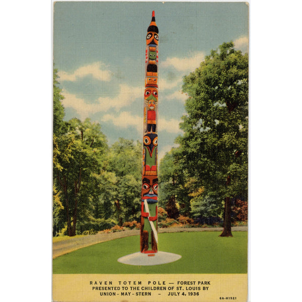 Raven Totem Pole Forest Park St. Louis Missouri Vintage Advertising Postcard 1937