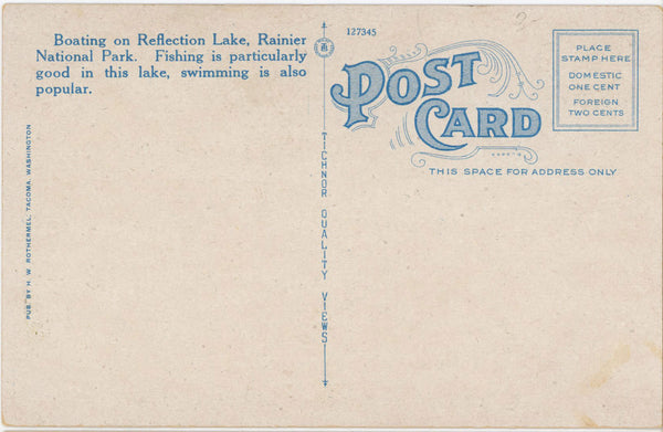 Boating on Reflection Lake Rainier National Park Washington Vintage Postcard c. 1920s