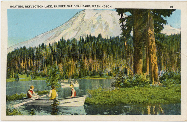 Boating on Reflection Lake Rainier National Park Washington Vintage Postcard c. 1920s