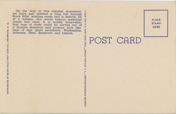 Mt. Rushmore National Memorial Shrine of Democracy Vintage South Dakota Postcard (unused)