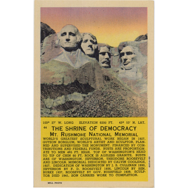 Mt. Rushmore National Memorial Shrine of Democracy Vintage South Dakota Postcard (unused)