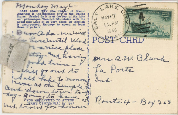 Salt Lake City Utah Large Letter Vintage Linen Postcard Salt Packet 1946