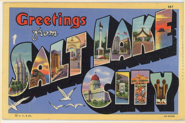 Salt Lake City Utah Large Letter Vintage Linen Postcard Salt Packet 1946