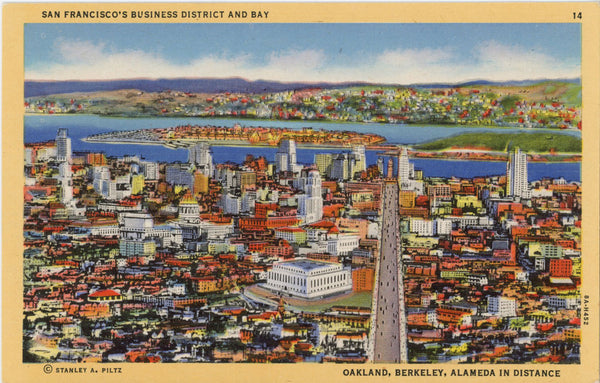 San Francisco Business District & Bay Aerial California Vintage Postcard c. 1940s (unposted)