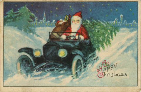 Santa Claus in Car Vintage Christmas Embossed Postcard JP 1928