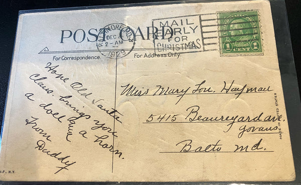 Santa Claus in Car Vintage Christmas Embossed Postcard JP 1928