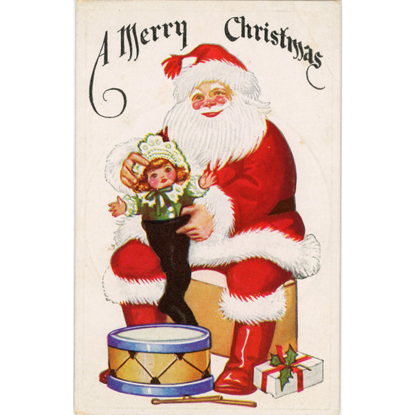 Santa & Doll Vintage Christmas Embossed Postcard c1910s C49