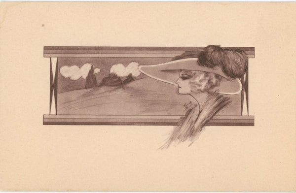 Sepia Art Girls Edwardian Fashion Hat Pretty Lady Vintage Postcard (unused)