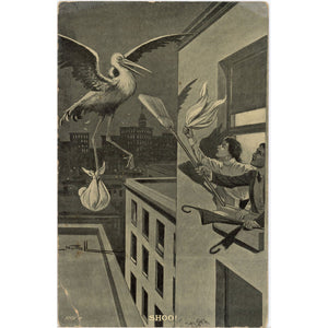 Couple Shooing Away Stork Delivering Baby Comic Vintage Postcard 1907 - Vintage Postcard Boutique