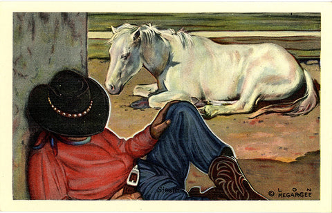 Cowboy Painting "Siesta" signed Artist Lon Megargee - Western Vintage Postcard (unused)