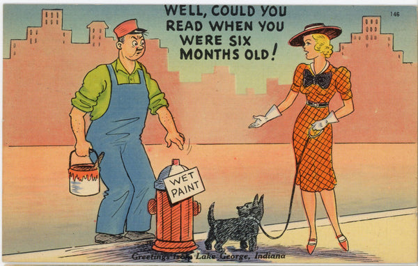 Could You Read When Six Months Old Dog Wet Paint Vintage Comic Postcard 1943