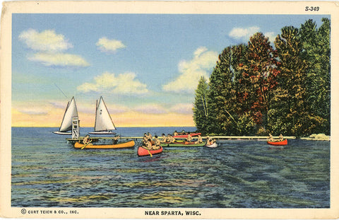 Sailing on Lake near Sparta Wisconsin Vintage Postcard (unused)